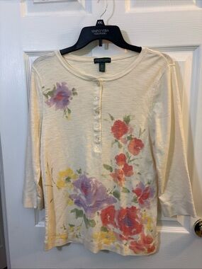 Green Envelope Cream Floral Henley Tee with Watercolor Blooms